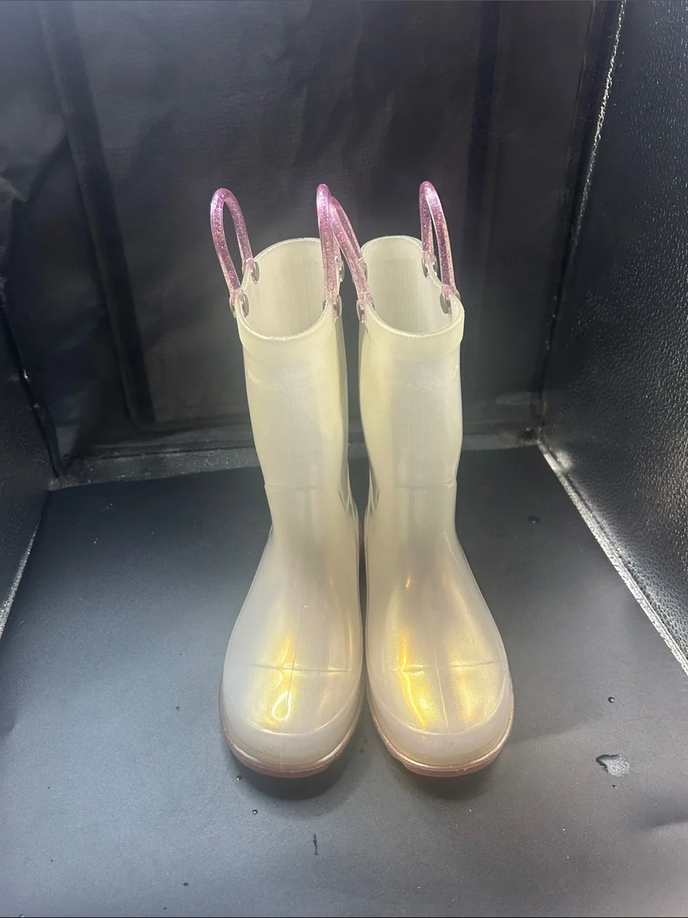 Western Chief Kids Iridescent White Rain Boots with Pink Glitter Handles